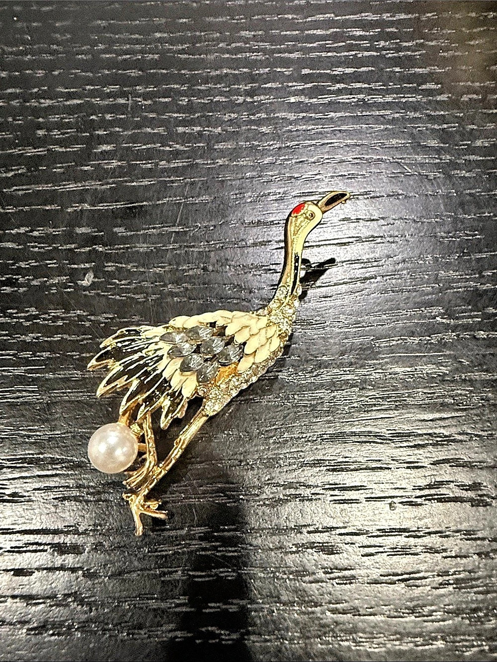 Crane Bird Brooch Gold & White Like New